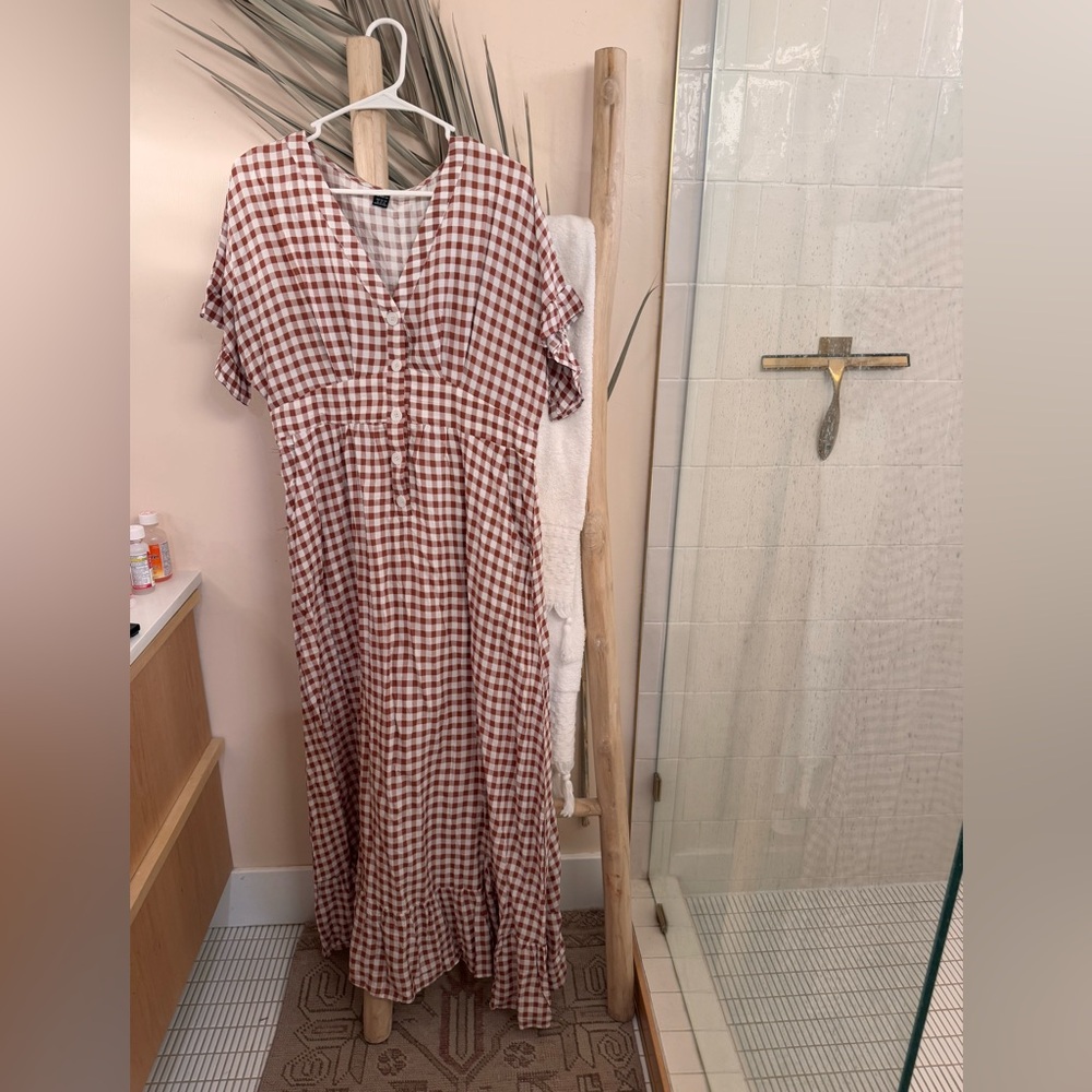 Brown and white gingham maxi dresss